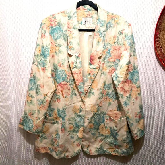 Vintage 80's EHL Floral Print Long Sleeve One Button Size 18W Blazer Jacket - Picture 1 of 14
